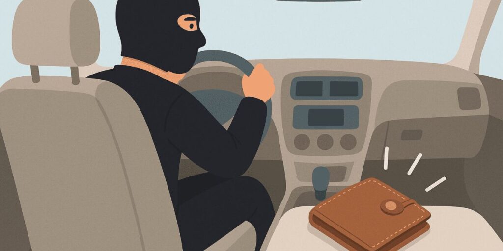 assaltante dirigindo com uma carteira no carro