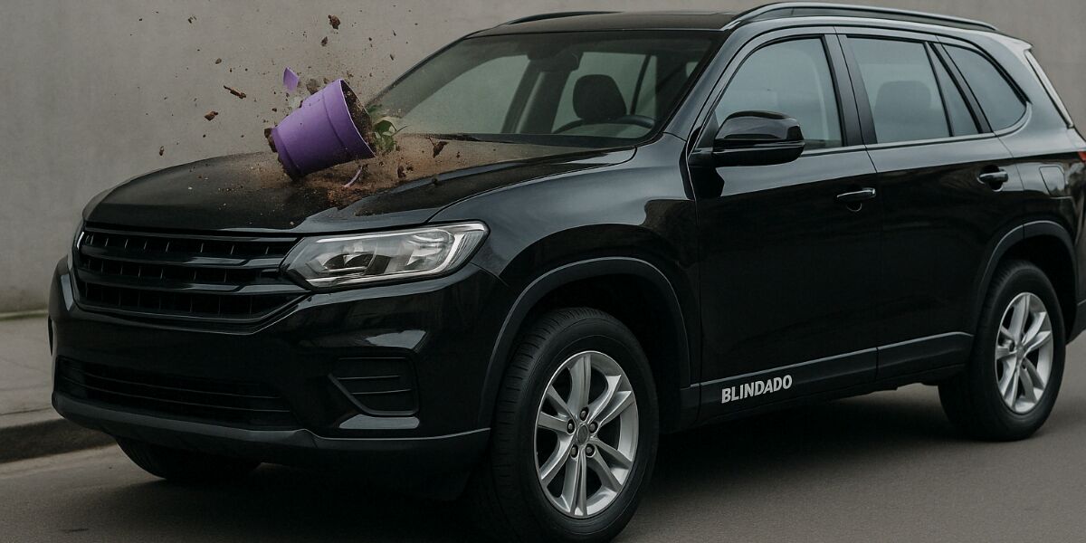 Carro preto com vaso de planta caindo sobre ele