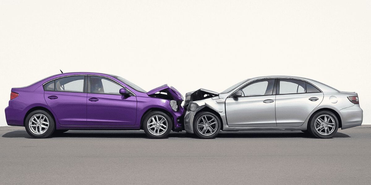Carro roxo e prata colididos frente a frente.