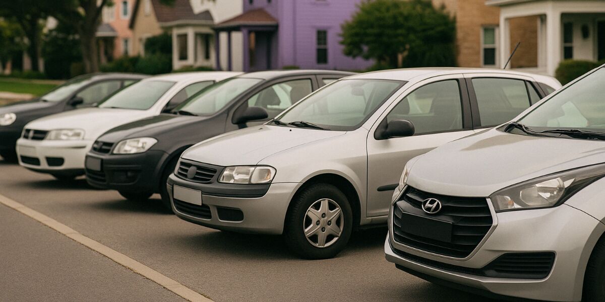 Vários carros estacionados em uma rua residencial