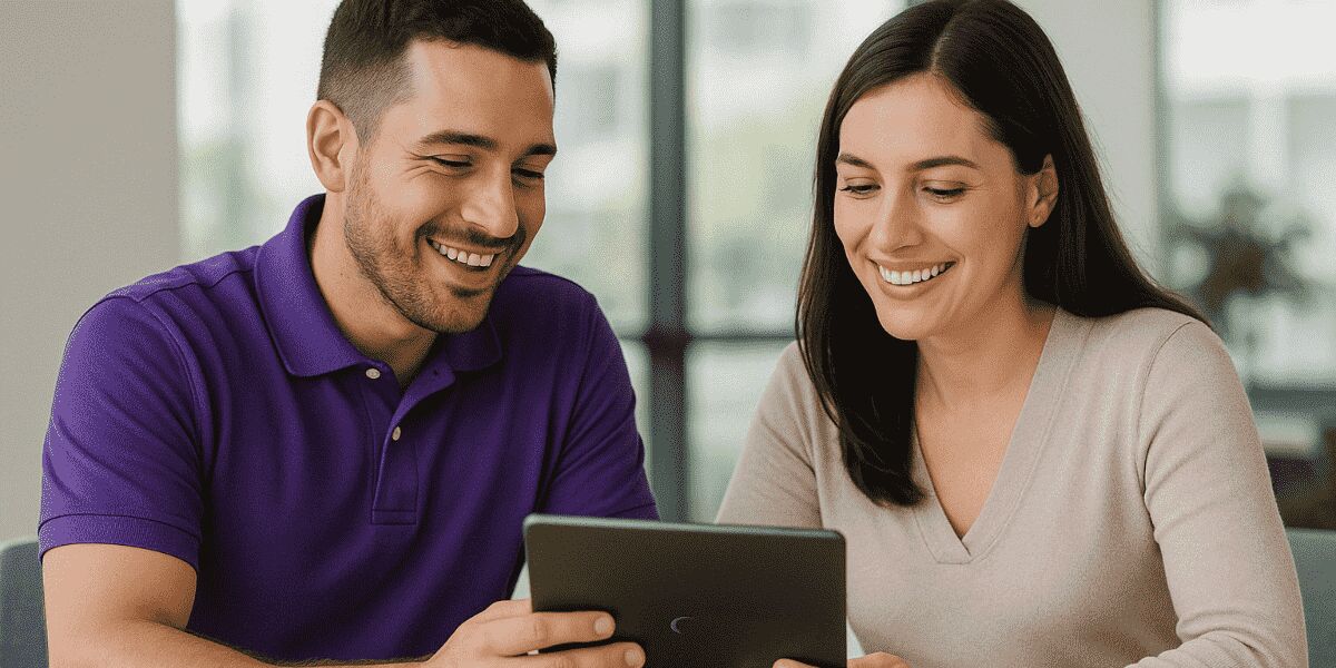 Casal sorridente usando tablet juntos