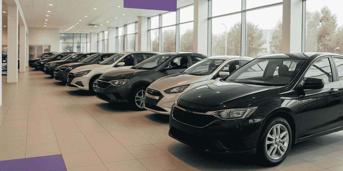 Vários carros alinhados em uma concessionária moderna