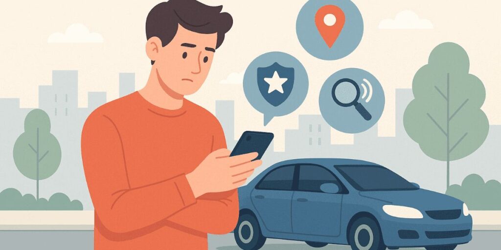 Homem usando celular com ícones de localização e segurança.