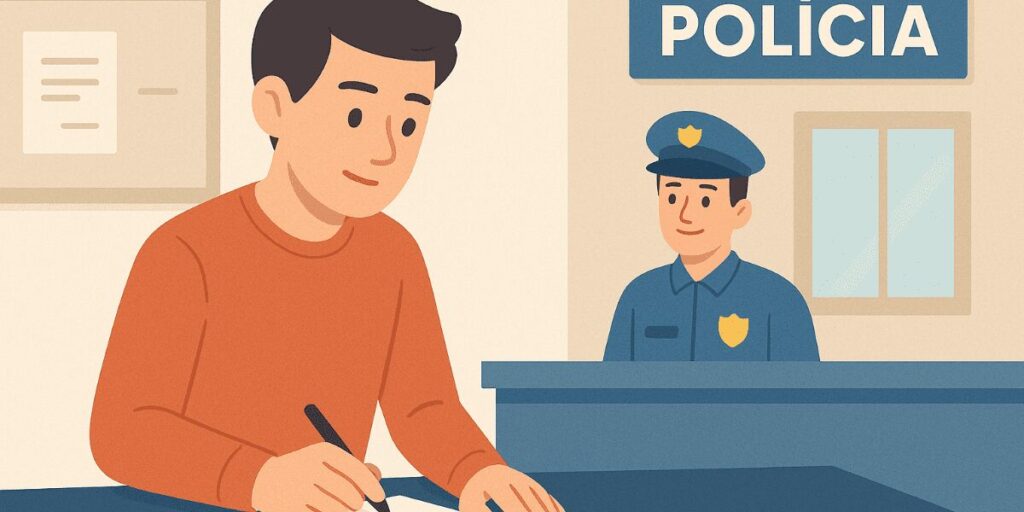 Homem preenchendo formulário na delegacia de polícia
