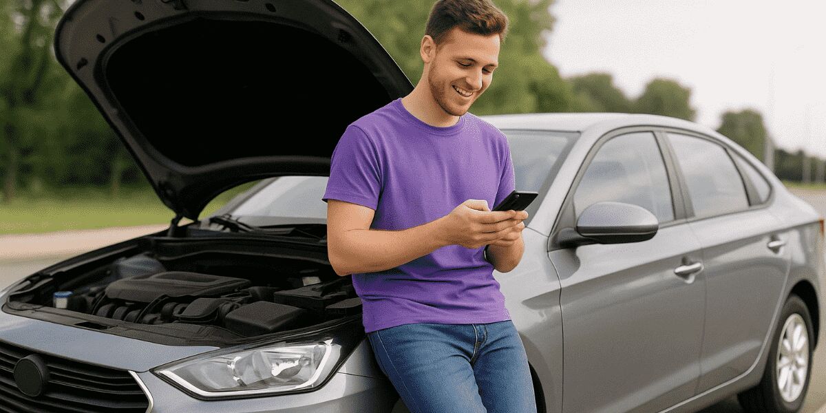 Homem sorridente usando smartphone ao lado de carro.