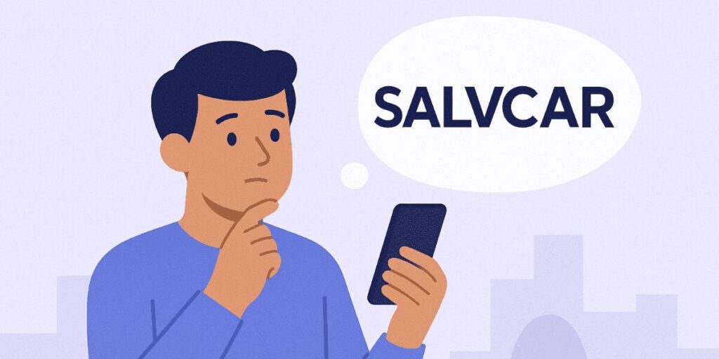 Ilustração de homem pensando em salvar algo no celular.