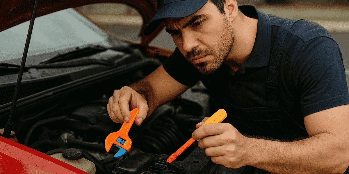 Mecânico reparando o motor de um carro vermelho.