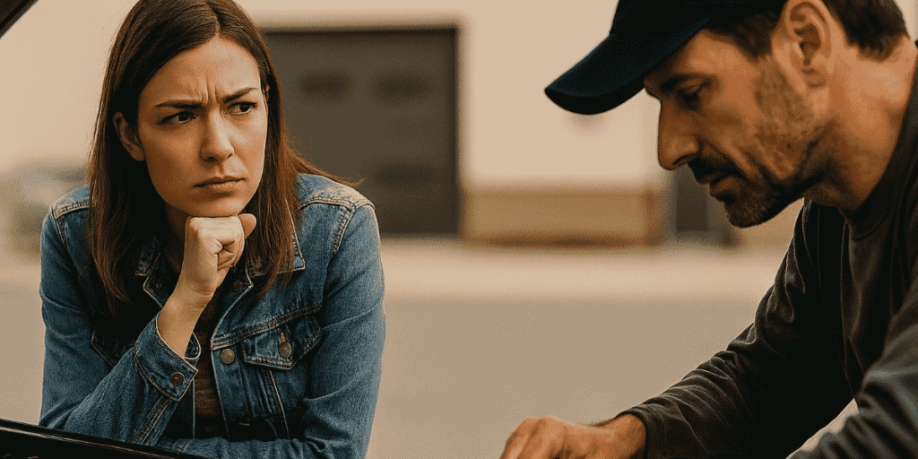 Mulher preocupada conversa com homem em carro.