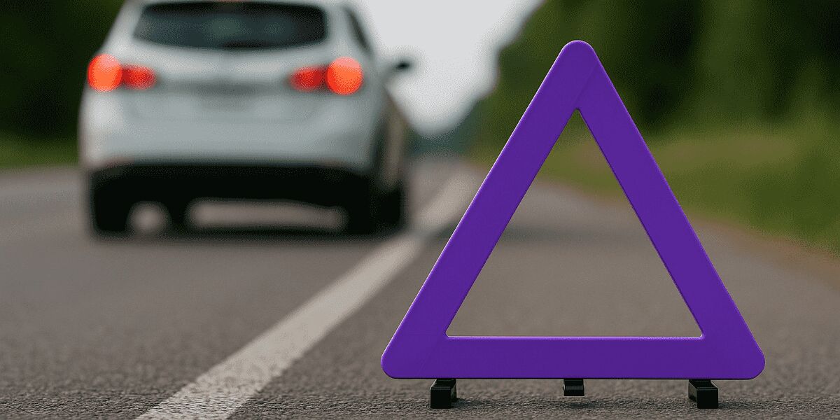 Triângulo roxo de sinalização em estrada com carro ao fundo