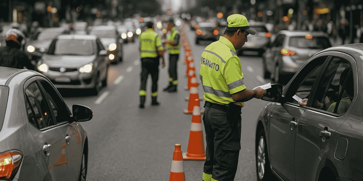 Agente de trânsito orientando motoristas em blitz.