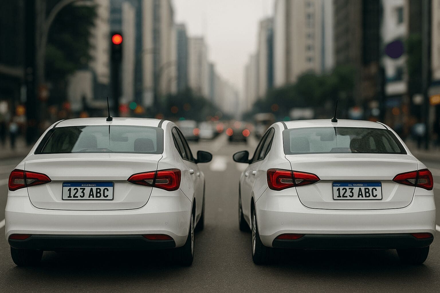 Dois carros brancos em uma rua movimentada