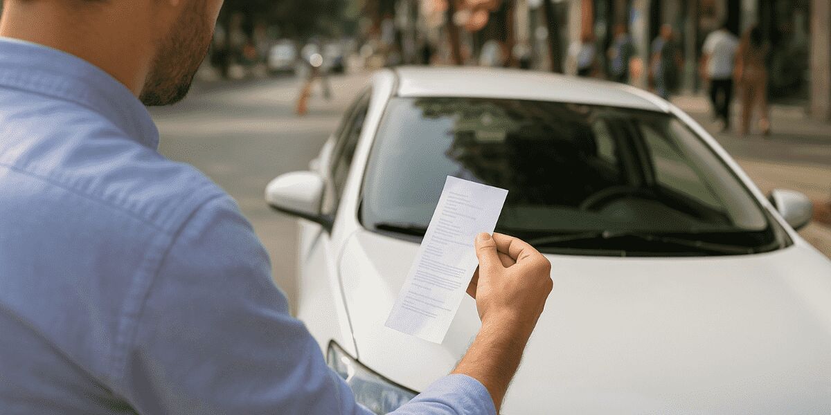 Homem segurando papel perto de carro estacionado