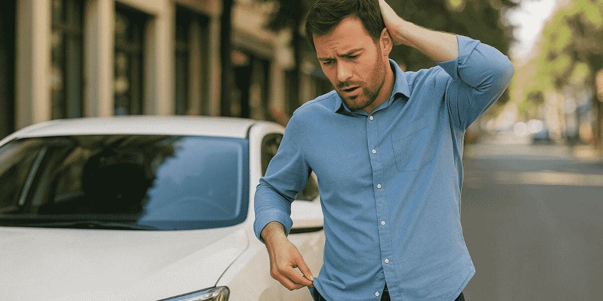 Homem preocupado ao lado de carro na rua