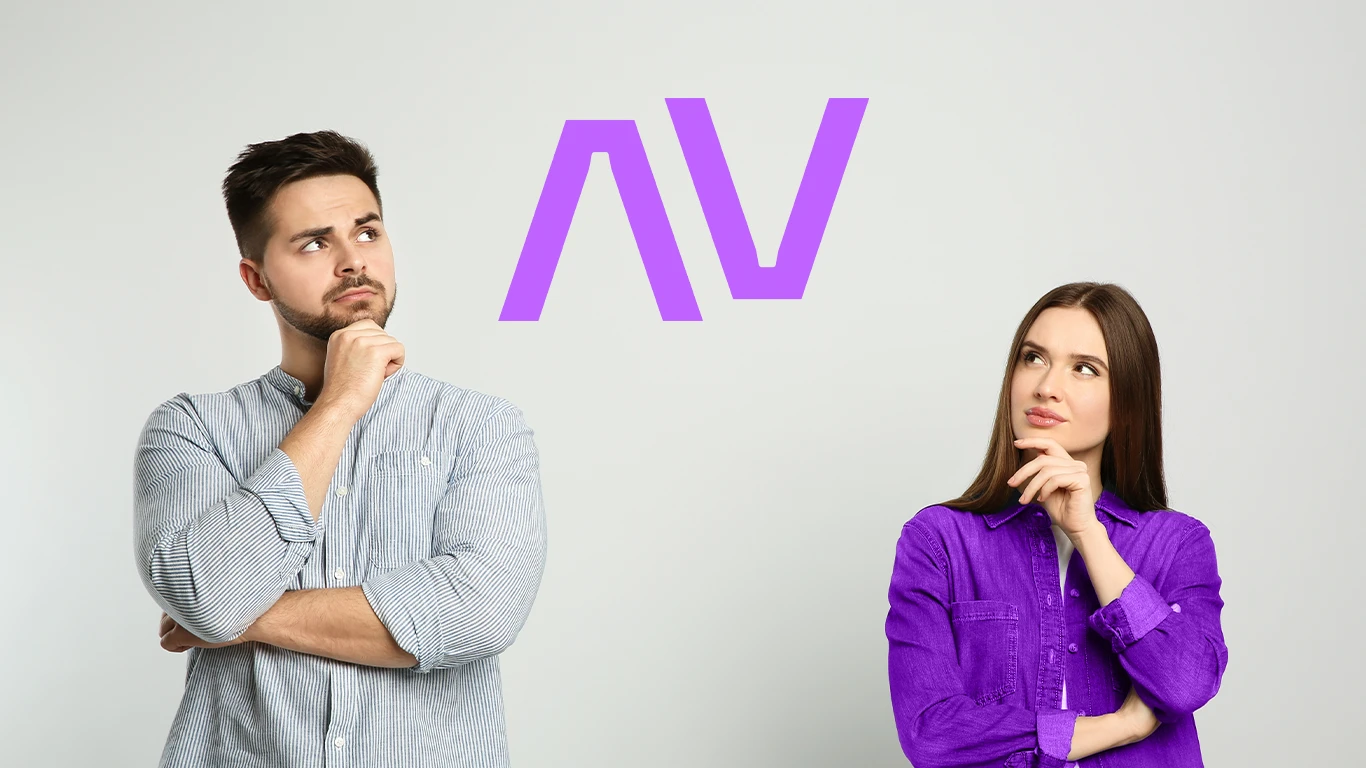 Homem e mulher pensativos com logo AV ao fundo