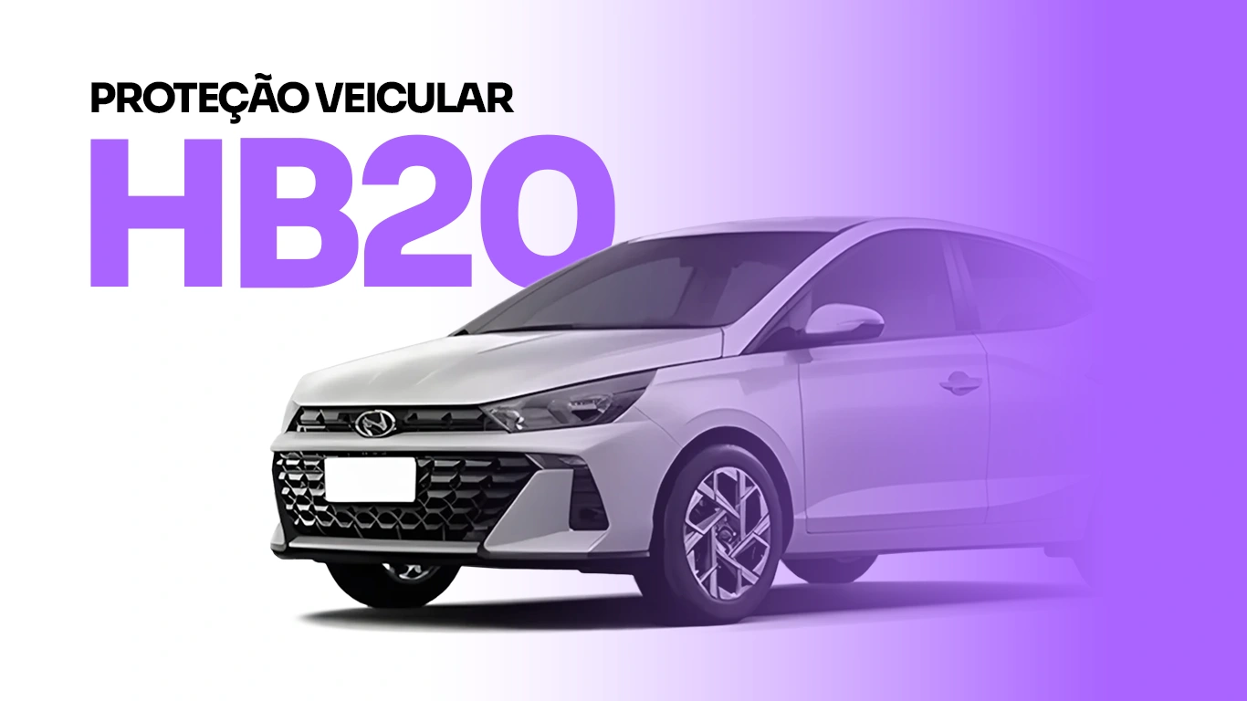 Carro HB20 com fundo roxo e texto sobre proteção veicular